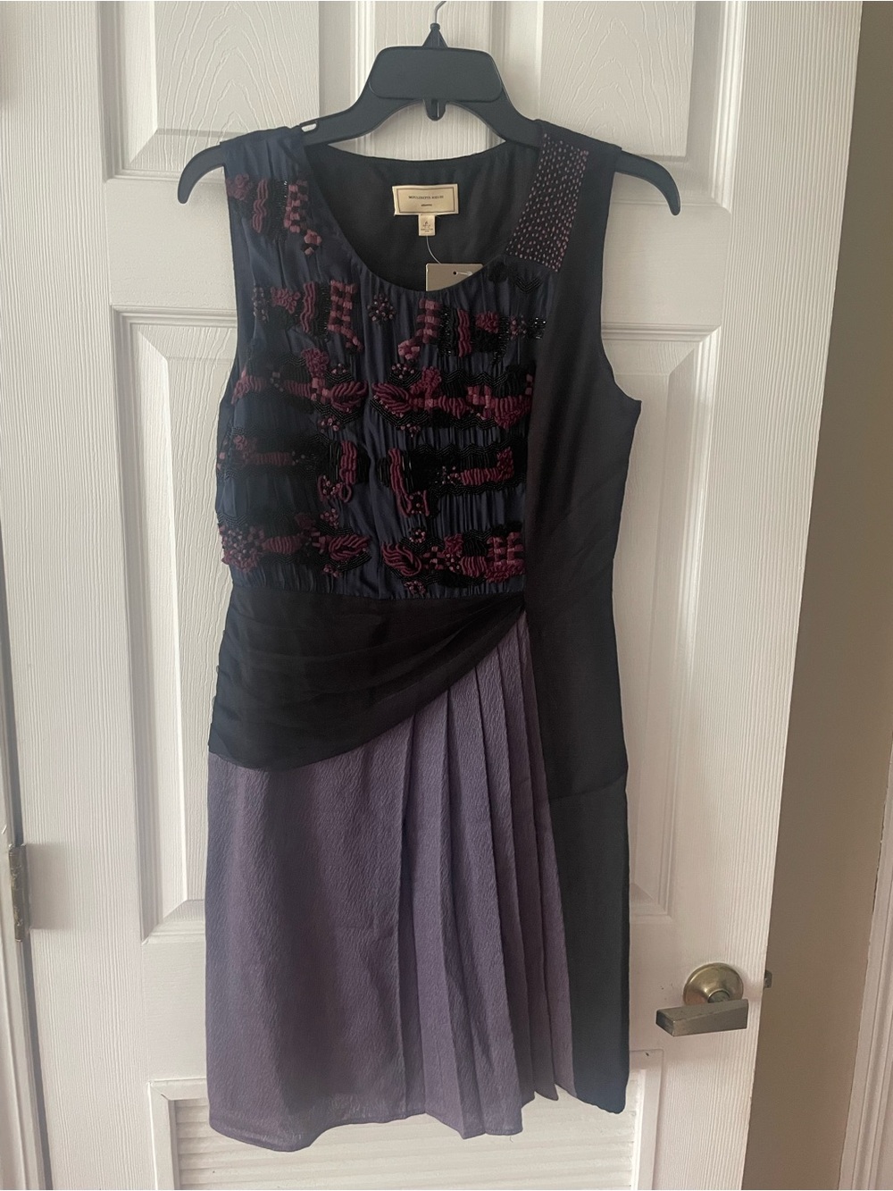 Moulinette Soeurs/Anthropologie Black and Purple Mixed-Media Pleated Mini Dress